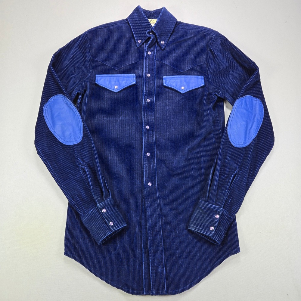 Wild West Designs Keith Anderson Corduroy Western Shirt Leather Trim Blue Mens S